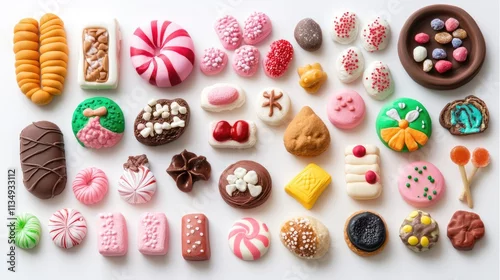 Obraz  z motywem Miniature clay desserts and sweets assortment on white background for creative and decorative purposes