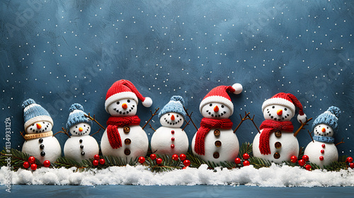 Cute Knitted Snowmen on Snowy Blue Background 