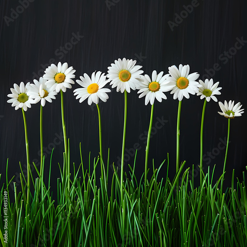 Daisies in a Row: Seven daisies stand tall in a vibrant green grass patch against a dark background, creating a captivating and minimalist floral arrangement. photo