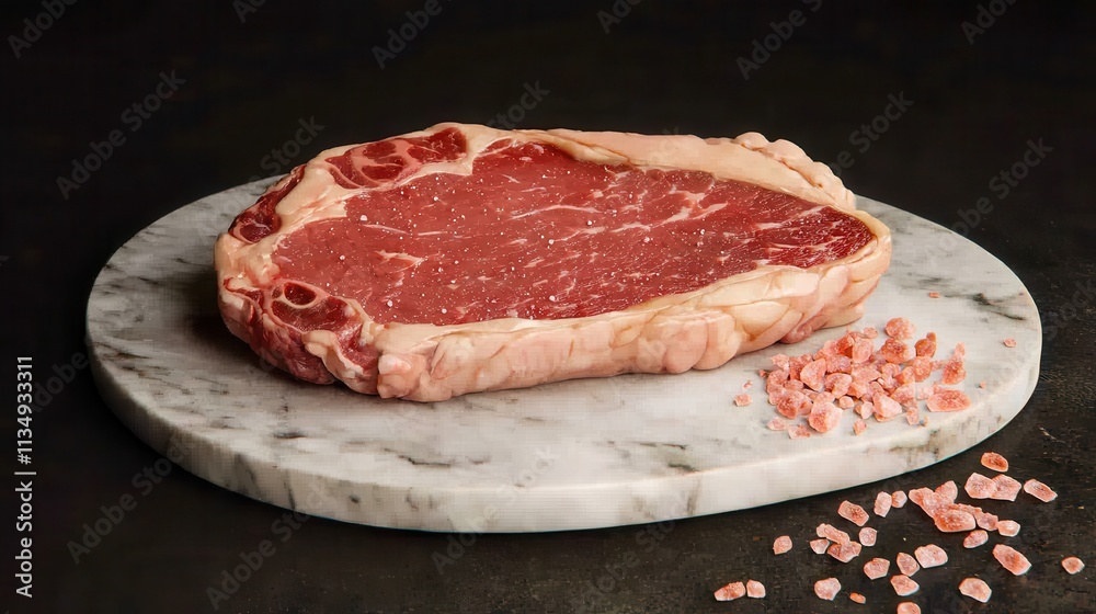 Fresh raw ribeye steak on marble board culinary showcase kitchen setting close-up food for gourmet cooking Fresh raw ribeye steak on marble board culinary showcase kitchen setting close-up food for gourmet cooking