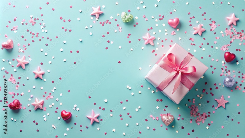A delicate pink gift box with a satin ribbon sits amidst scattered pink and silver stars and hearts on a light blue background. A delicate pink gift box with a satin ribbon sits amidst scattered pink and silver stars and hearts on a light blue background.