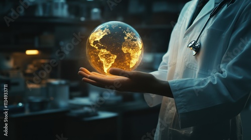 Global Healthcare Doctor Holding Illuminated Earth Globe in Laboratory Setting, Medical Research and World Health Concept