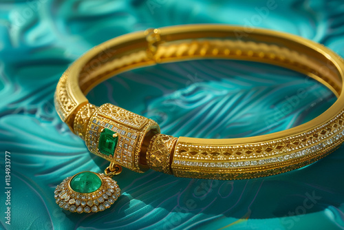 Top view of a gold bracelet and emerald pendant on a vivid teal background.