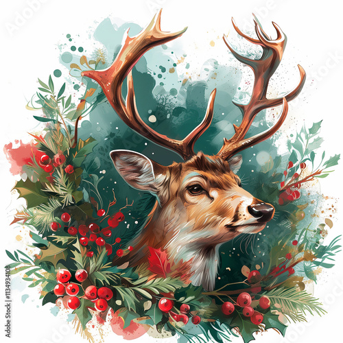 A beautiful deer portrait with holly and mistletoe in the background, surrounded by watercolor splashes, in the style of clip art, vector illustration, on a white background 