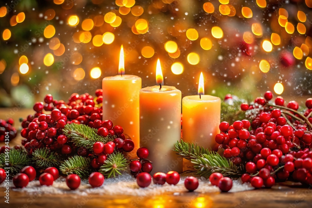 Enchanting Christmas Holiday Decoration Featuring Glowing Candles and Festive Berries with a Soft Bokeh Effect for a Magical Winter Atmosphere Enchanting Christmas Holiday Decoration Featuring Glowing Candles and Festive Berries with a Soft Bokeh Effect for a Magical Winter Atmosphere