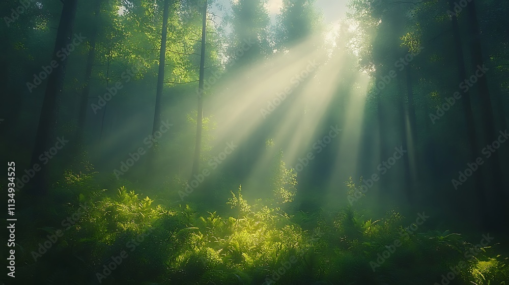 Sunlight streaming through tall trees in lush forest nature scene Sunlight streaming through tall trees in lush forest nature scene
