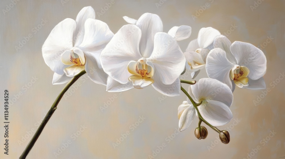 Obraz premium Delicate white orchid flower arrangement on a soft, light background, emphasizing petals and floral details, elegance, nature, botanical beauty, floral design.