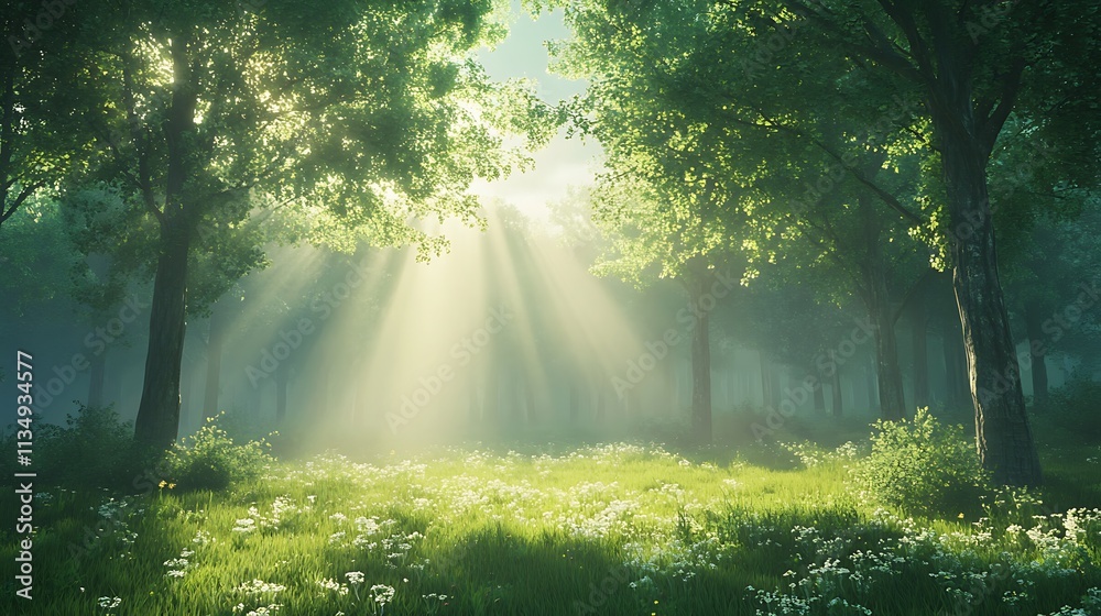 Sunlit forest glade enchanted woods nature scene tranquil setting Sunlit forest glade enchanted woods nature scene tranquil setting