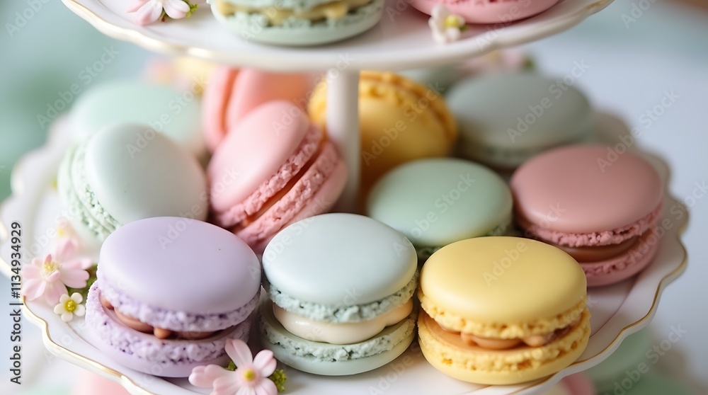 Obraz premium Delicate Pastel Macarons on a Decorative Stand, Generative AI