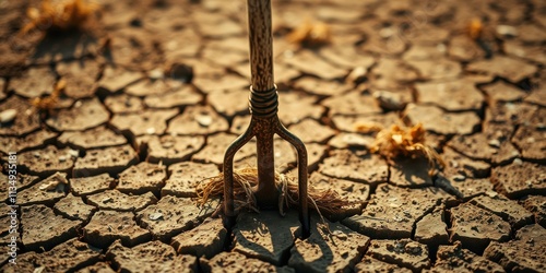 A three-pronged tool stuck in cracked, dried earth, symbolizing the struggle for sustenance and the harshness of nature photo