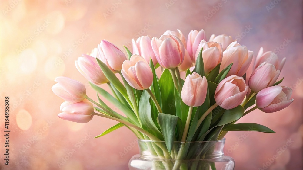 Obraz premium A Delicate Bouquet of Soft Pink Tulips, Gracefully Arranged in a Clear Glass Vase, Basking in the Warm Glow of a Subtle, Dreamy Background