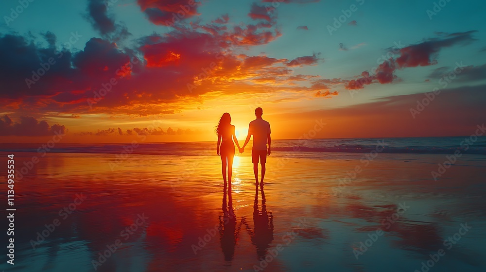 Fototapeta premium Couple walking hand in hand at sunset beach romantic scene nature