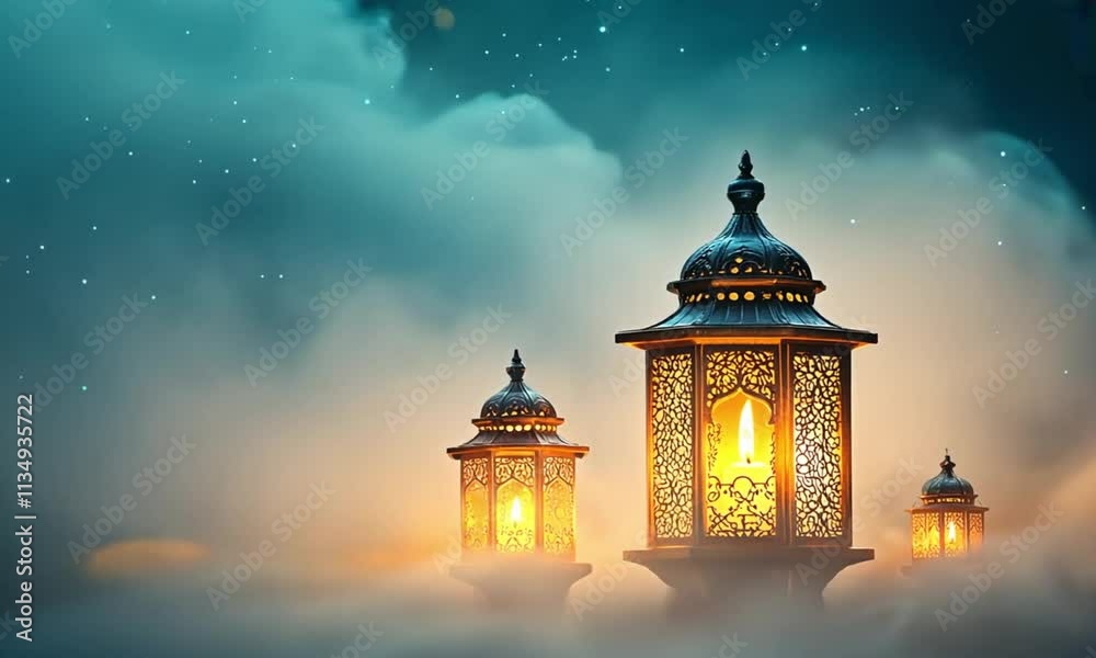 Two ornate lanterns glow softly amidst a misty, starry night, creating a serene atmosphere. Two ornate lanterns glow softly amidst a misty, starry night, creating a serene atmosphere.