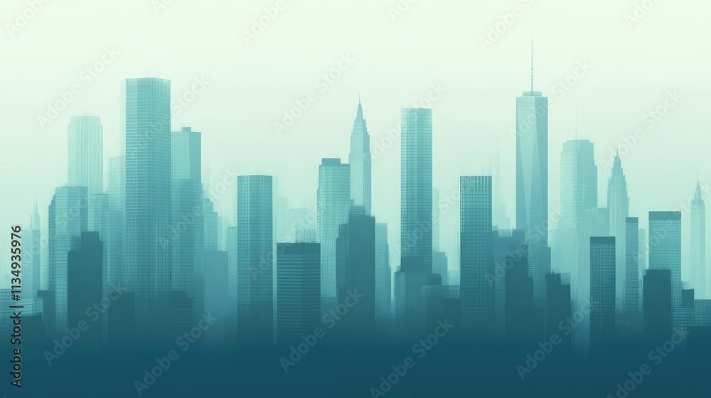 Fototapeta premium Silhouetted modern skyscrapers with a misty urban backdrop in a contemporary city skyline illustration.