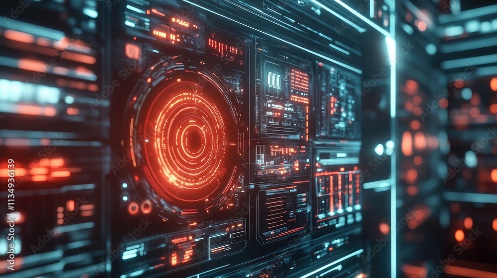 Fototapeta premium Futuristic digital interface with glowing elements for data analysis and technology-themed projects