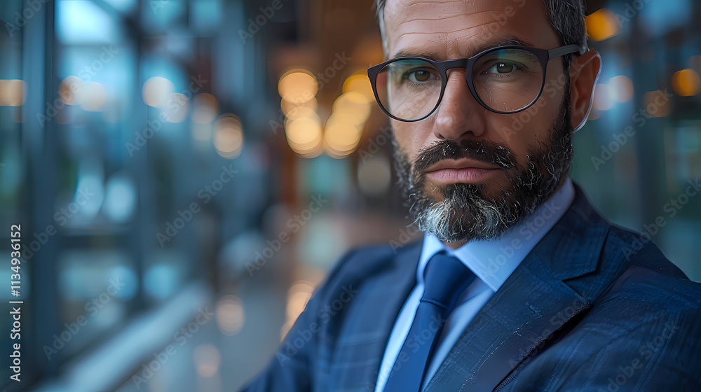 Confident Businessman Portrait: A close-up portrait of a mature, serious businessman with a beard and glasses, dressed in a navy blue suit and tie, conveying confidence and professionalism. Confident Businessman Portrait: A close-up portrait of a mature, serious businessman with a beard and glasses, dressed in a navy blue suit and tie, conveying confidence and professionalism.