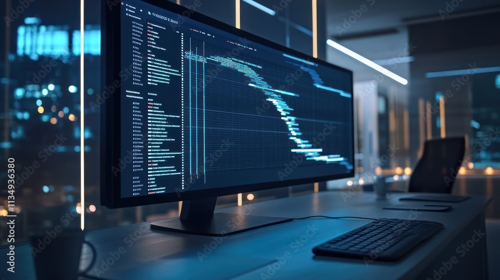 Programmer's desk at night, displaying code and charts. Programmer's desk at night, displaying code and charts.