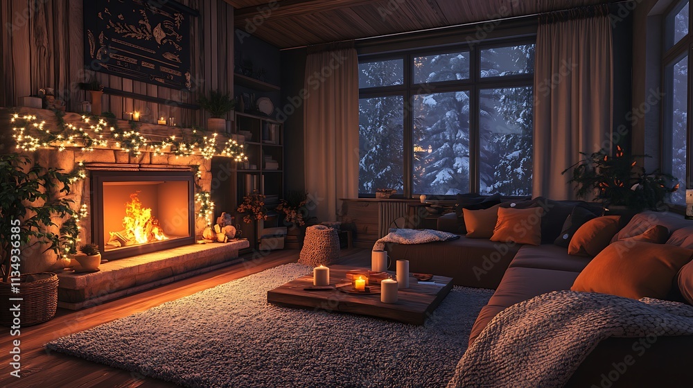 Fototapeta premium Cozy winter evening by the fireplace living room decorative scene