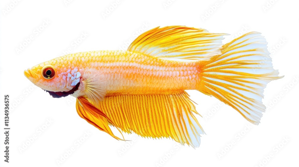 Fototapeta premium Vibrant Betta splendens fish in striking yellow hues displayed on a clean white background showcasing its elegant fins and features