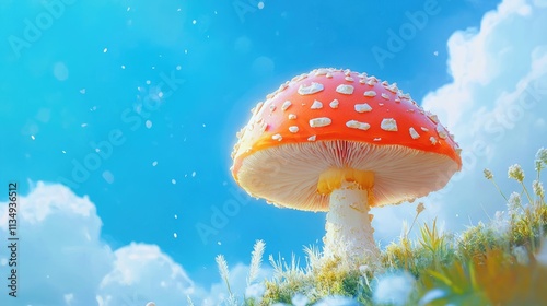 Wallpaper Mural Amanita rubescens edible mushroom vibrant against a bright blue sky with fluffy clouds showcasing nature's beauty and biodiversity Torontodigital.ca