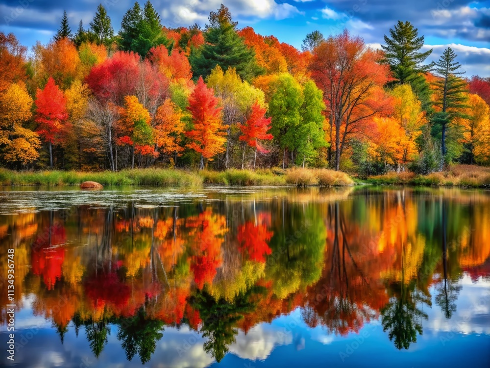 Obraz premium Enchanting Fall Colors in the North Swamp Park, Quebec: A Double Exposure Journey Through Nature's Splendor and Reflections in the Tranquil Wetlands