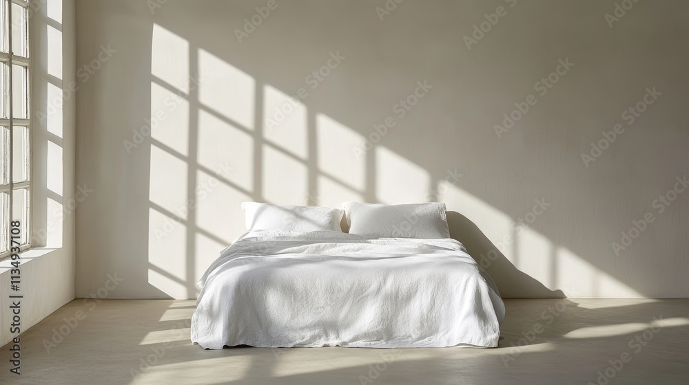 Serene Bedroom Sunlight - Tranquil bedroom, sunlit, minimalist design, white bedding, peaceful atmosphere. Represents calm, rest, luxury, simplicity, and light. Serene Bedroom Sunlight - Tranquil bedroom, sunlit, minimalist design, white bedding, peaceful atmosphere. Represents calm, rest, luxury, simplicity, and light.