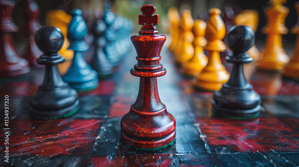 Chess King Strategy: Close-up view of a dark red chess king piece standing prominently in the center of a chessboard, surrounded by other pieces in various colors. Chess King Strategy: Close-up view of a dark red chess king piece standing prominently in the center of a chessboard, surrounded by other pieces in various colors.