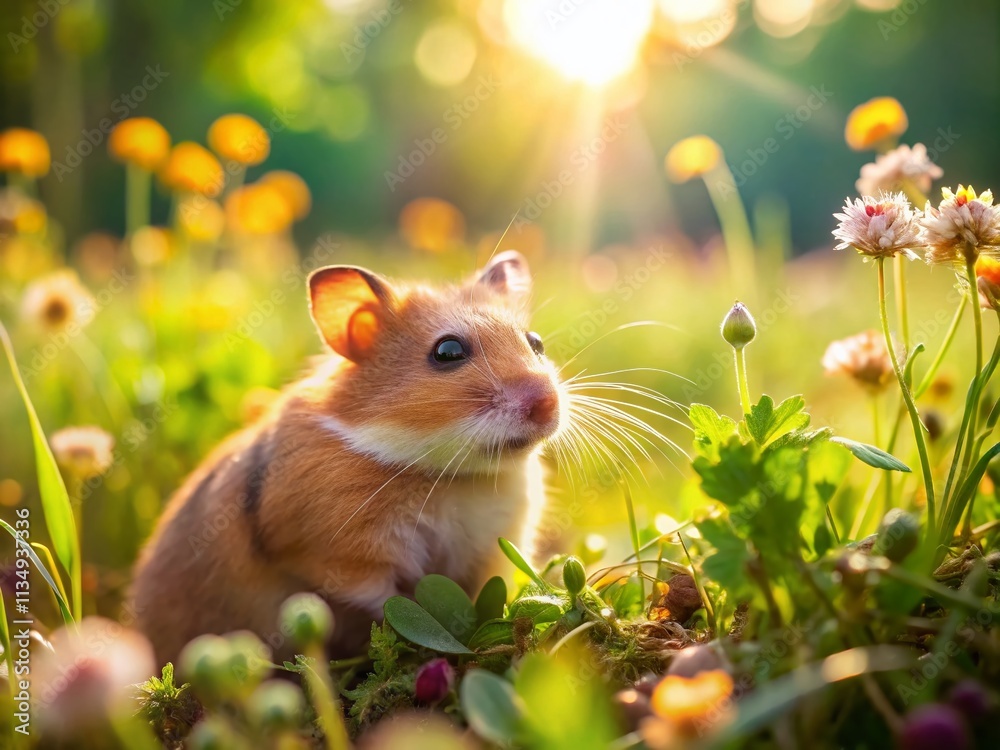 Enchanting Golden Hamster Curiously Exploring a Lush Green Landscape Under Bright Sunlight with Ample Copy Space for Text and Graphics Enchanting Golden Hamster Curiously Exploring a Lush Green Landscape Under Bright Sunlight with Ample Copy Space for Text and Graphics