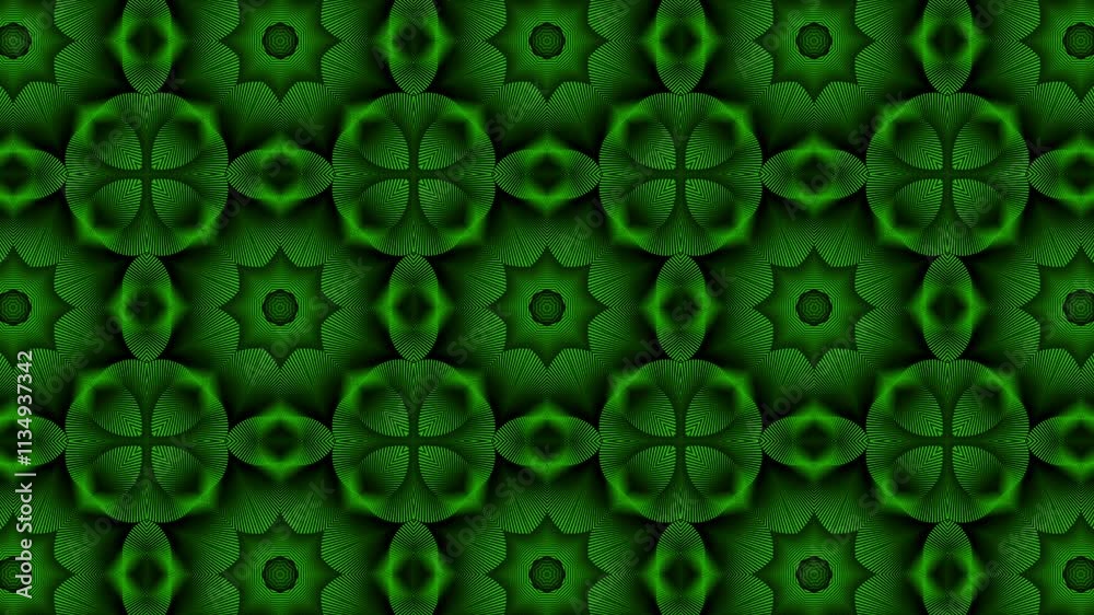 Motifs géométriques répétés en forme de mandala vert dans un design sombre et complexe convenant aux arrière-plans, textiles, papiers peints ou graphiques de marketing numérique.
