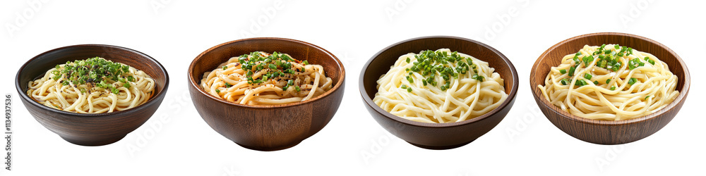 Four bowls of noodles garnished with green onions. Four bowls of noodles garnished with green onions.