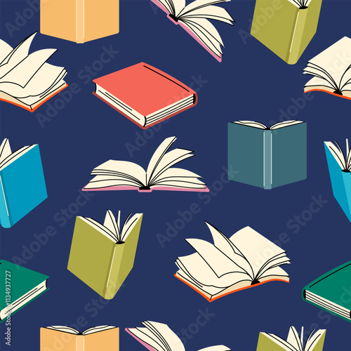  Seamless Pattern of Open and Closed Books on a Dark Blue BackgroundPrint