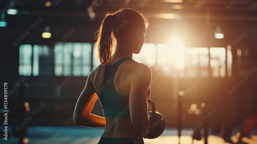 Woman holding kettlebell in gym backlit by sun Woman holding kettlebell in gym backlit by sun