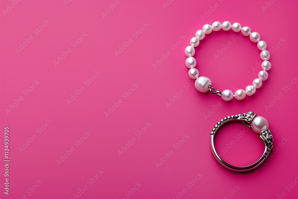 Top view of a silver anklet and pearl ring on a fluorescent pink background. Top view of a silver anklet and pearl ring on a fluorescent pink background.
