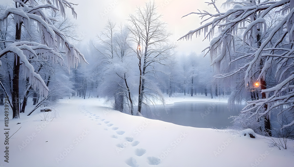 Obraz premium A serene winter forest covered in a blanket of fresh snow. 