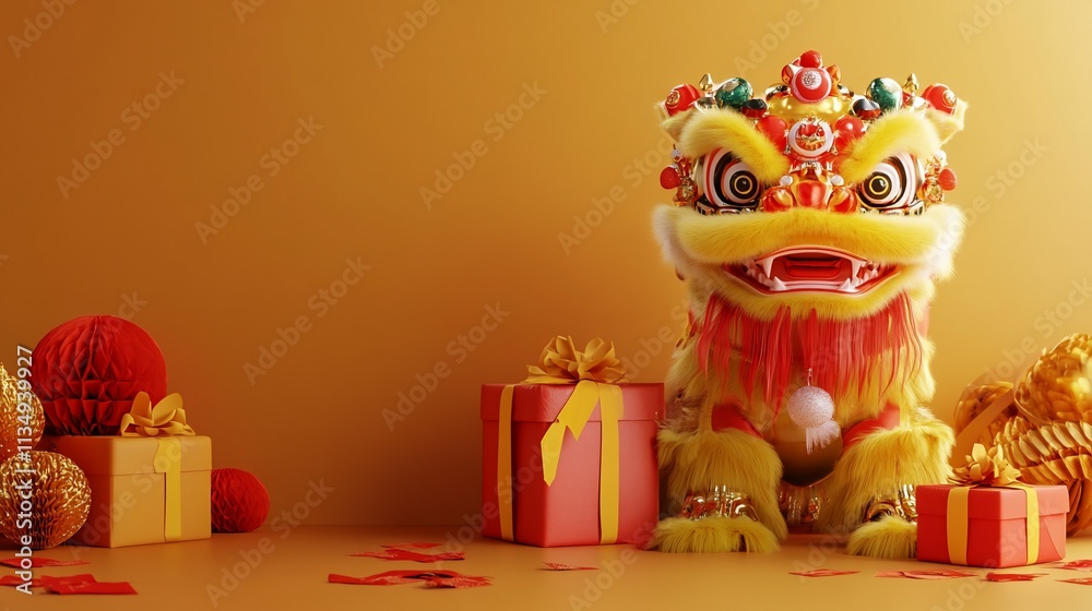 Fototapeta premium Festive lion dance costume with gifts.