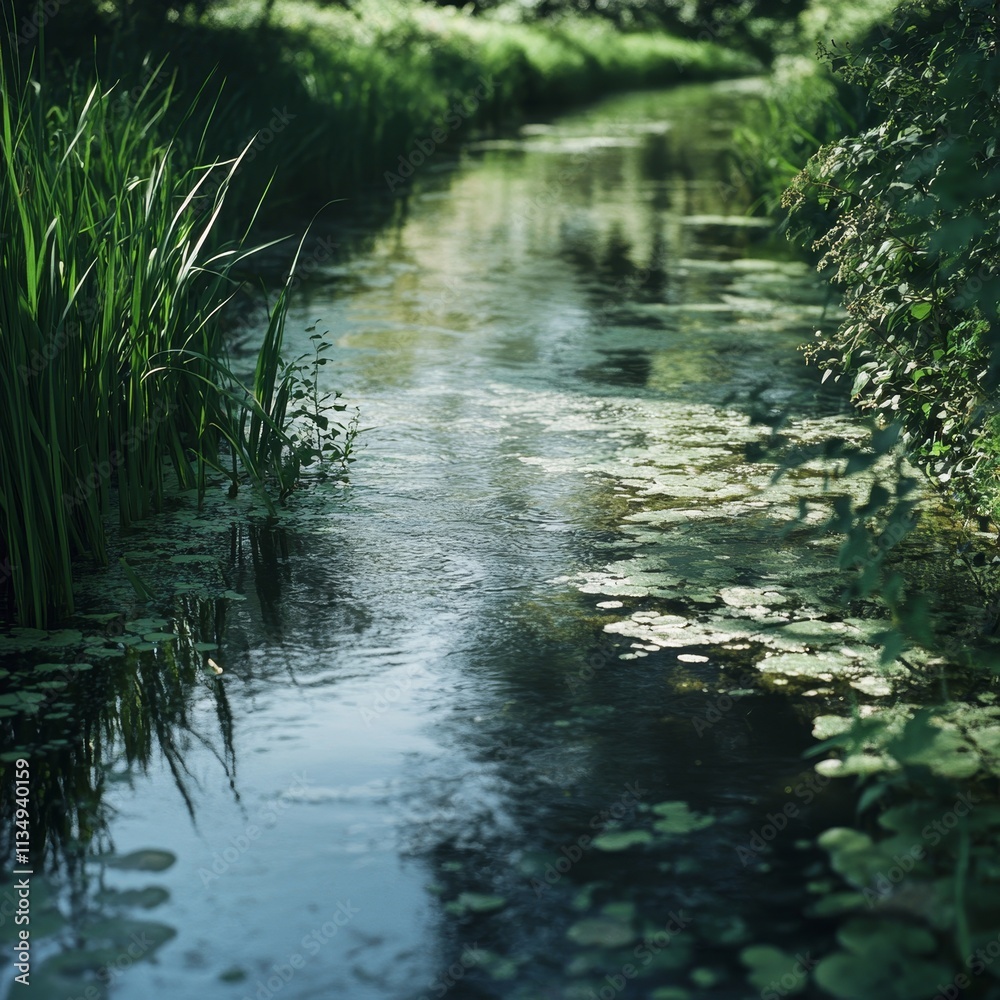 Serene Riverbank with Lush Vegetation - Tranquil river scene, reflecting sunlight, lush green plants lining banks, symbolizing peace, nature, serenity, growth, and renewal. Serene Riverbank with Lush Vegetation - Tranquil river scene, reflecting sunlight, lush green plants lining banks, symbolizing peace, nature, serenity, growth, and renewal.