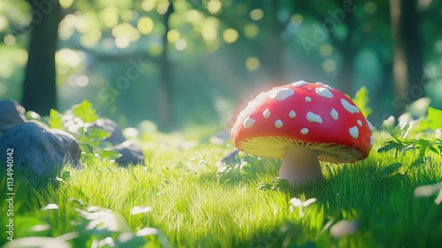 Wallpaper Mural Vibrant red mushroom surrounded by lush green grass in a serene forest setting illuminated by soft sunlight Torontodigital.ca