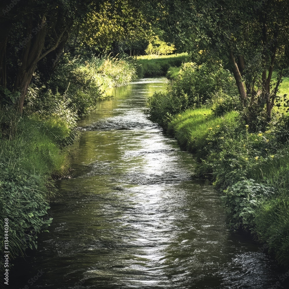 Serene Stream Through Green Valley - Tranquil water, lush greenery, sunlight, peaceful nature, flowing river. Serene Stream Through Green Valley - Tranquil water, lush greenery, sunlight, peaceful nature, flowing river.