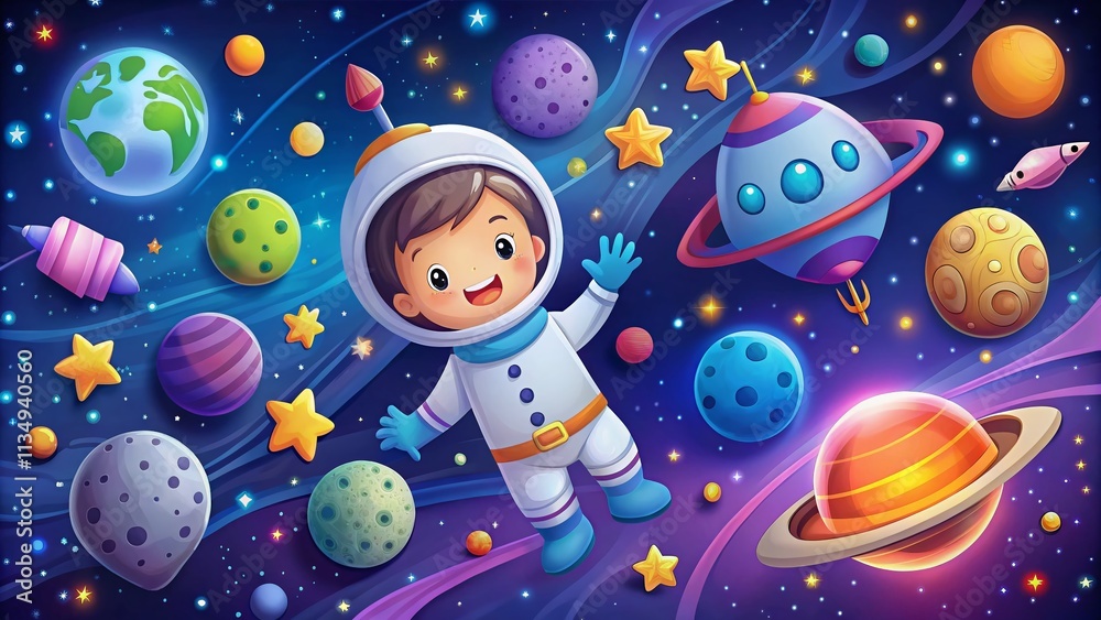 Naklejka premium Enchanting Night Photography of a Cute Space Setup Featuring an Astronaut, Space Station, Rocket, and Colorful Planets Against a Starry Sky