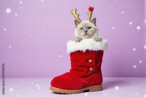 Cat in Santa Boot with Reindeer Antlers