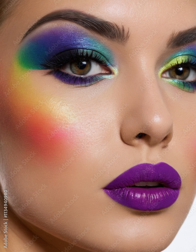 Fototapeta premium A woman’s upper half with colorful rainbow makeup, bold lipstick, black eyeshadow, and vibrant details.