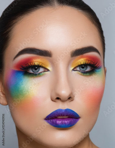 A woman’s upper half with colorful rainbow makeup, bold lipstick, black eyeshadow, and vibrant details.