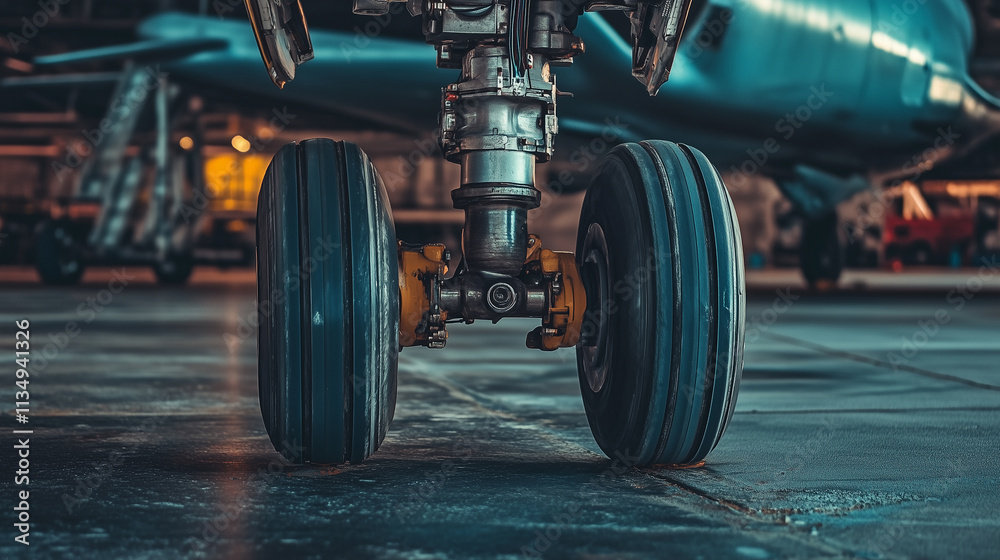 Close-up View of an Airplane Wheel Compartment, Featuring Partially Extended Wheel and Intricate Metal Structure, Captured with Shallow Depth of Field for Detailed Focus. Close-up View of an Airplane Wheel Compartment, Featuring Partially Extended Wheel and Intricate Metal Structure, Captured with Shallow Depth of Field for Detailed Focus.