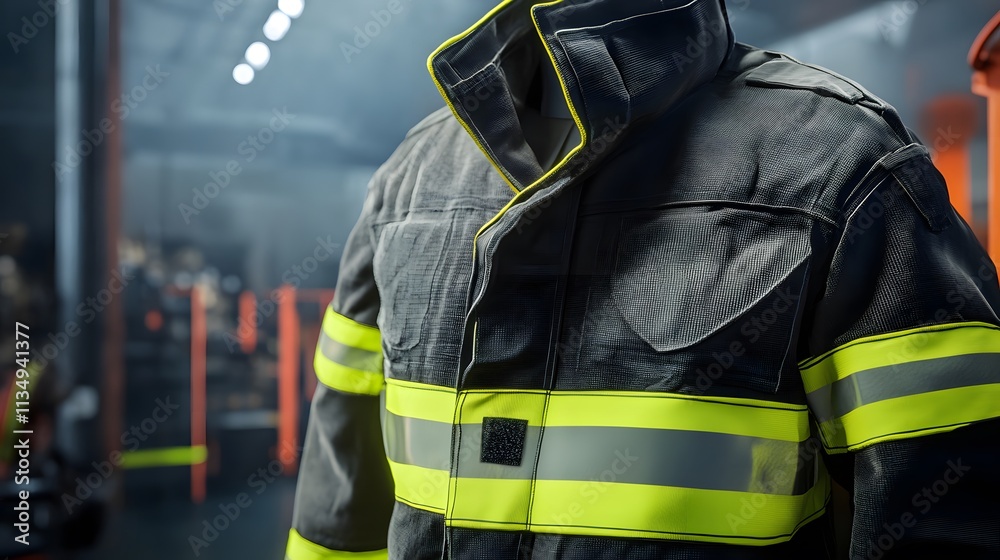 Textured firefighter uniform, high-visibility elements close-up, factory background. Textured firefighter uniform, high-visibility elements close-up, factory background.