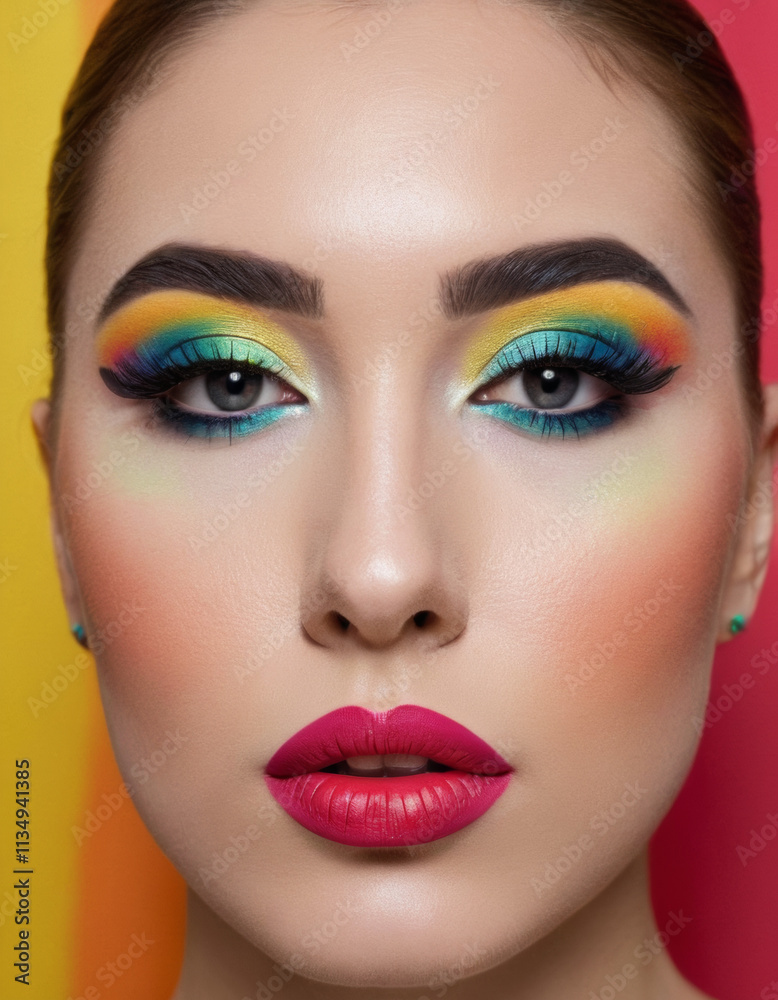 A woman’s upper half with colorful rainbow makeup, bold lipstick, black eyeshadow, and vibrant details. A woman’s upper half with colorful rainbow makeup, bold lipstick, black eyeshadow, and vibrant details.