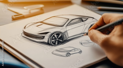 Self driving car concept sketch on notepad showcasing innovative automotive design and futuristic technology in transportation photo