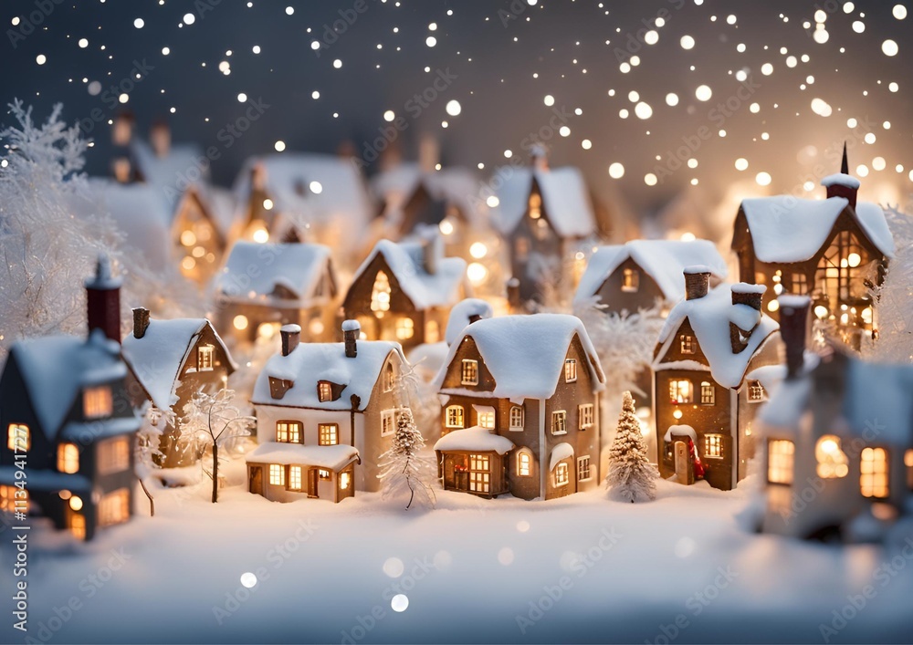 Small mini village covered in snow with bright lights shining from the houses on white light background Small mini village covered in snow with bright lights shining from the houses on white light background