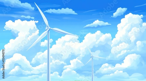 White wind turbines against a bright blue sky with fluffy white clouds and vibrant green landscape showcasing renewable energy concept photo