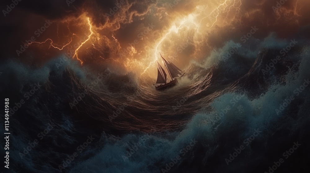Ship sailing through a stormy sea with lightning. Ship sailing through a stormy sea with lightning.