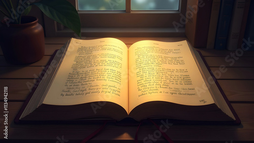 An open book, on a wooden table.